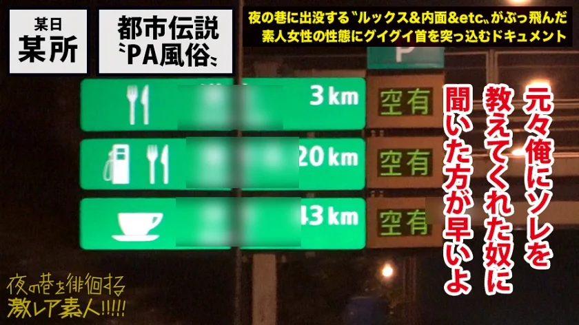 都市伝説「PA売春」！！！高度経済成長期に発展したと言われている、ハイウェイインターで密かに行われる売春行為。通称「PA売春」今でこそ聞かなくなったこの裏風俗は、果たして現在も存在するのか取材を決行。長距離ドライバーなどに話を聞いていくうちに、時代と共に形態を変え全く新しいスタイルで裏売春行為をしている事実が判明し…：夜の巷を徘徊する「激レア素人」！！ 09-3